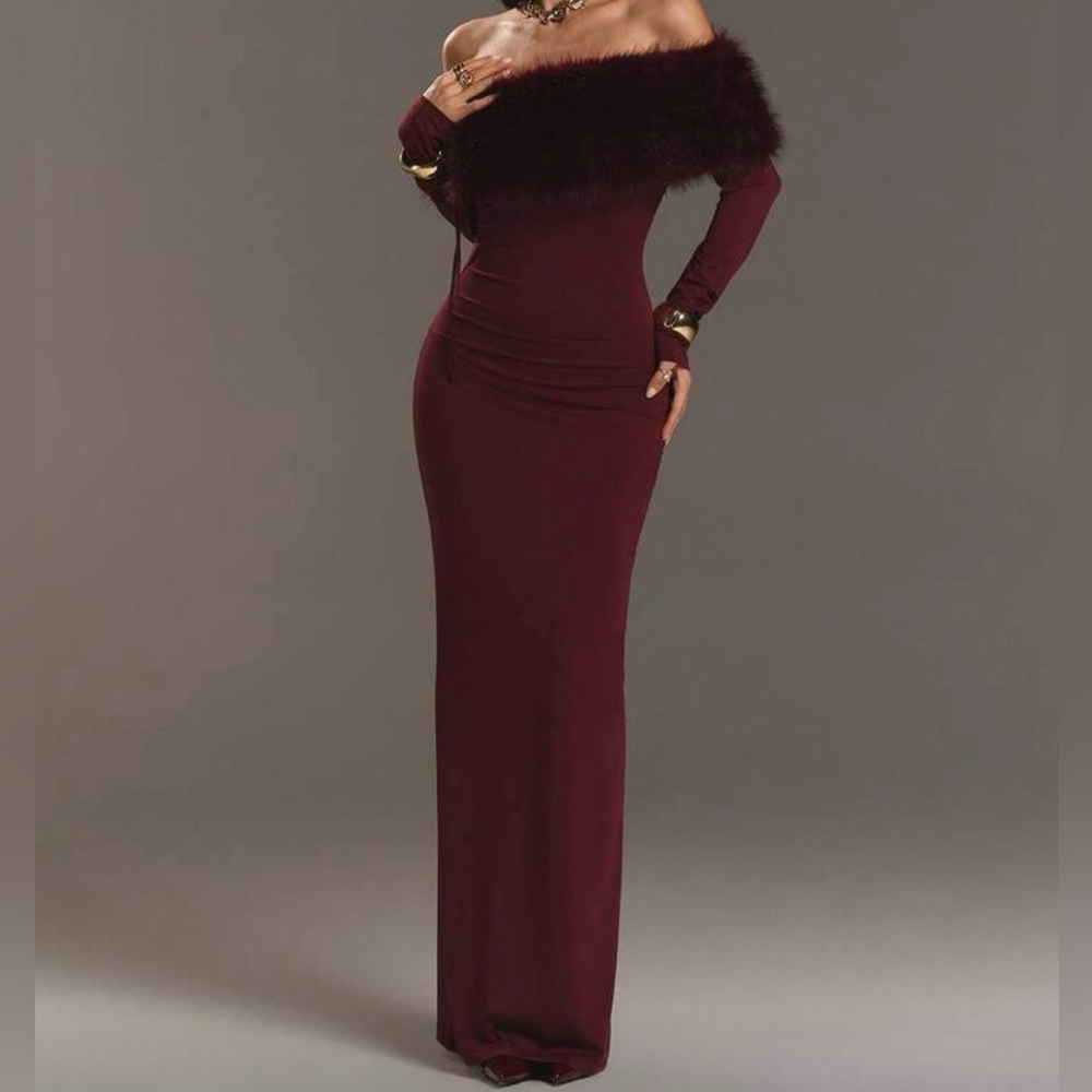 Off-Shoulder Burgundy Fur Long Sleeve Dress